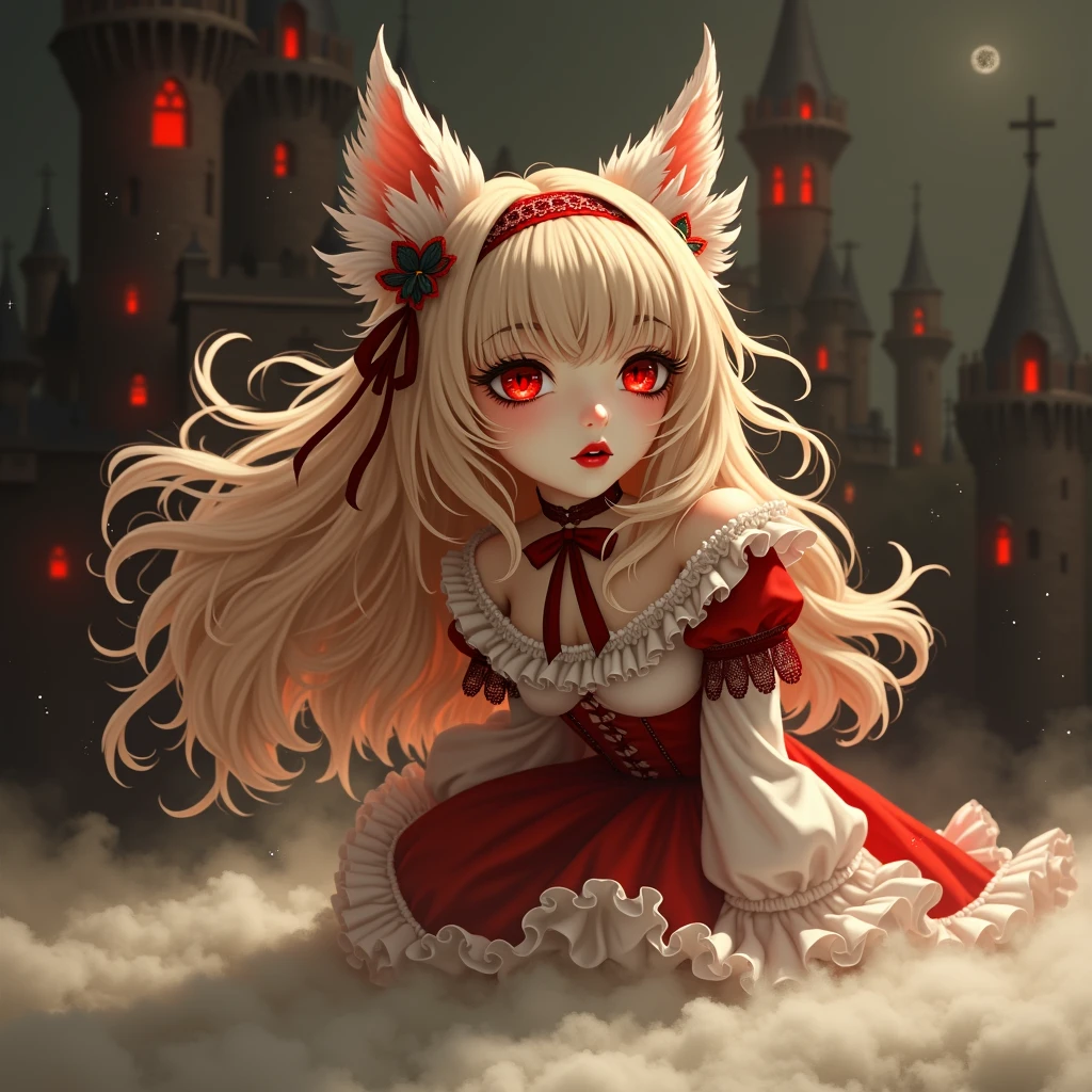 masterpiece, best_quality, 1girl, solo, (goth:1.2), remilia scarlet, extremely detailed eyes and face, long eyelashes, detailed lips, pale skin, long dark hair, red eyes, red bow, red dress, gothic lolita fashion, haunting atmosphere, dark castle, moonlight, dramatic lighting, mist, mystical, surreal