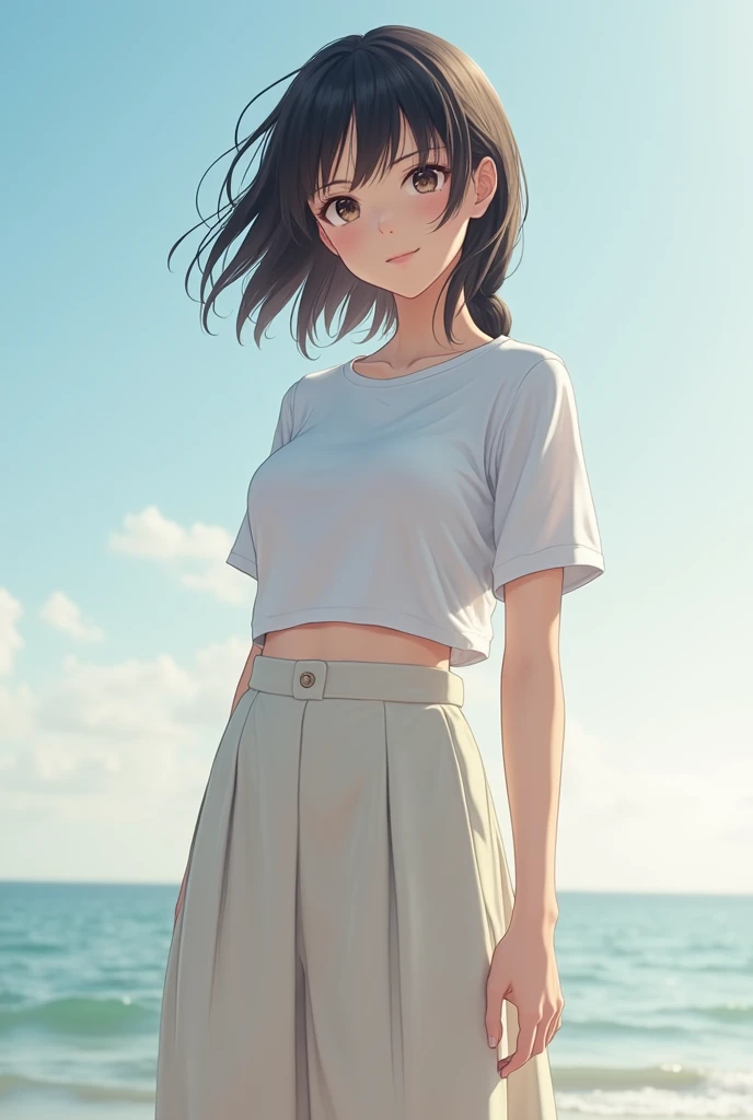 ((best quality)), ((masterpiece)), (detailed), perfect face,2 Japanese women's football,boy without makeup,Full body standing,Clean to the toes,Huge breasts:1.3,Huge breasts:1.3,High-cut top:1.3,company, round chest:1.3,White shirt,long skirt,((No pat,very good)),A big smile,Soft sunlight on the beach,Theme depth,Focus is clear,Natural soft light