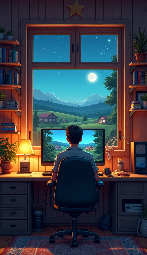 A cozy gaming room in a peaceful village home, where the window behind your monitor reveals a tranquil countryside scene. The view is of rolling fields under a starry night sky, with the soft glow of lanterns from distant cottages adding a warm touch to the landscape. A gentle breeze rustles the trees, and you can hear the faint sound of crickets and a nearby stream. Inside, the room features a comfortable gaming chair and a classic monitor setup, with warm, rustic lighting that enhances the cozy, homey feel. Shelves are stocked with video game cassettes, and the room is adorned with quaint, country-style decorations, making it the perfect blend of rural charm and modern gaming.