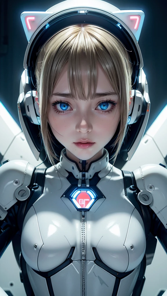 nurse head cap and necomimi,blonde hair,realistic and intricate perfect beauty face,small breast,flat chest,perfect sharp blue glowing eyes, detailed face,((in realistic neon-lit sci-fi white plugsuit metal mech parts and with neon-lit lights)),masterpiece,front face,upper body,into the computer screen,