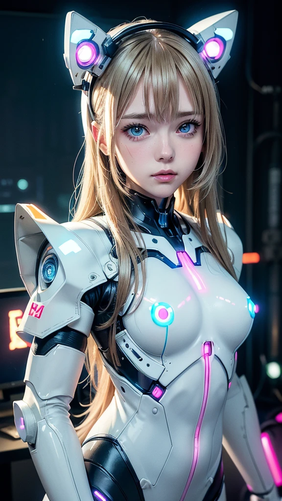 nurse head cap and necomimi,blonde hair,realistic and intricate perfect beauty face,small breast,flat chest,perfect sharp blue glowing eyes, detailed face,((in realistic neon-lit sci-fi white plugsuit metal mech parts and with neon-lit lights)),masterpiece,front face,upper body,into the computer screen,