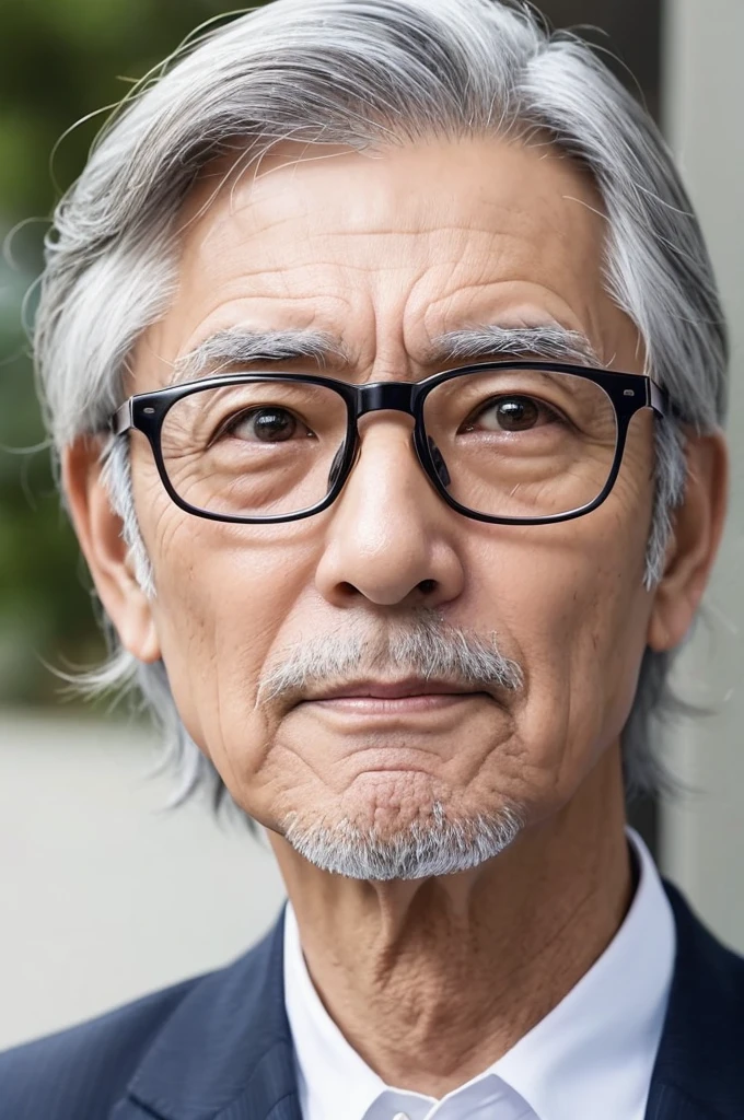 Japanese men、60 years old、front、Face close-up、ID photo、Gray hair、Wear glasses、Serious face、Wrinkled、modesty、serious、A kind face、