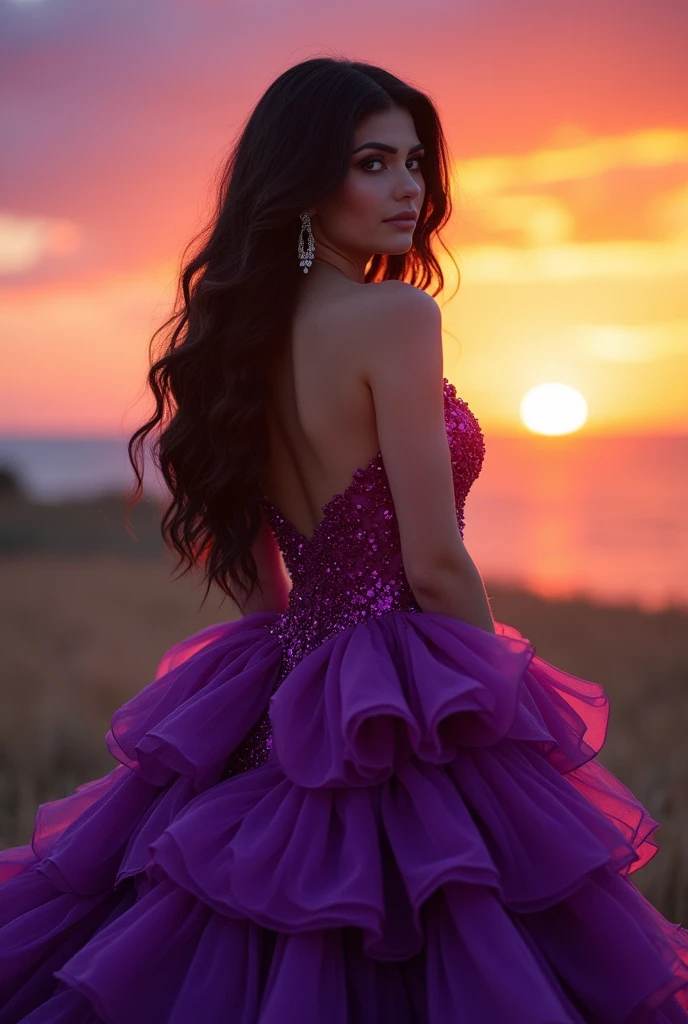 Kylie Jenner with purple rose gown and background sunset