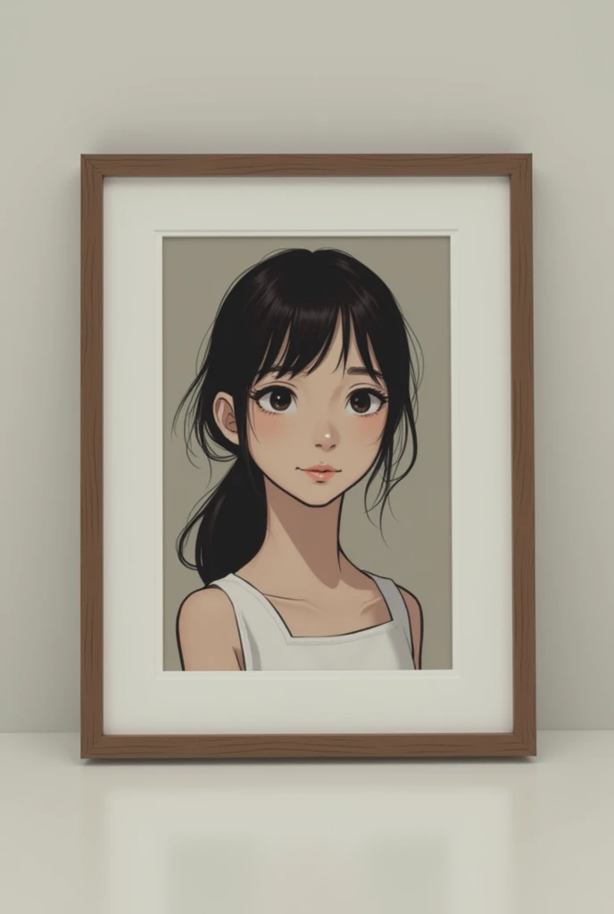 A picture frame with a photo of an girl with a neutral expression. sleeve-style