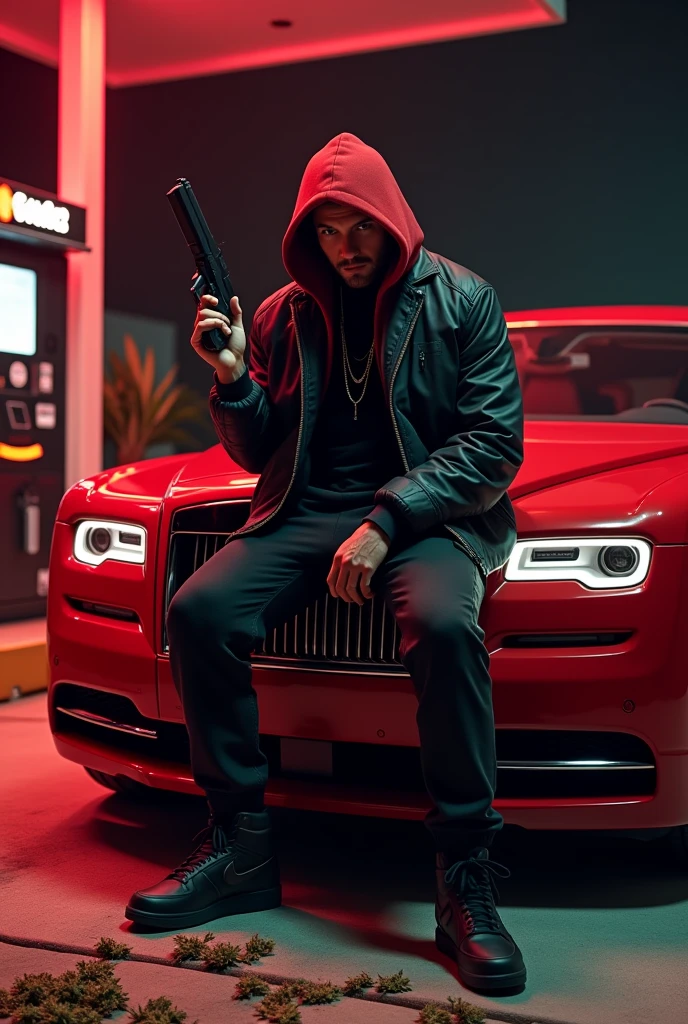 A man with a black moncleor jacket, black jogging pants, black Nike air force and red storm hood and he is shooting with a Glock 19 in the air sitting on the hood of a red Royce Royce at night with red light launchers and red background lighting at a gas station and on the ground is a lot of cannabis