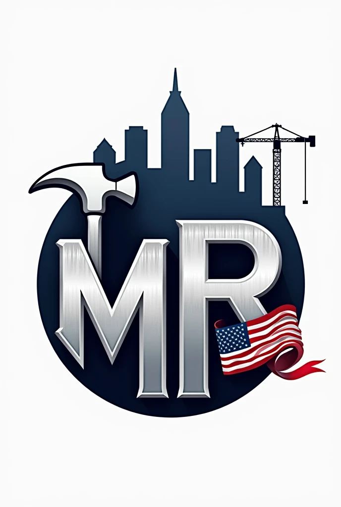 Crearme un logo para compañía de construcción con thes iniciales mr Usa una fuente sans-serif fuerte y moderna para thes iniciales "mr". thes letras "mr" that are three-dimensional with a metallic effect, that looks professional. 
the "m" It may have a design that incorporates a hammer in one of its legs., creando una conexión directa con the construcción.
the "r" podría tener una extensión que parezca una ltheve inglesa, estilizando the letra para que el elemento de the herramienta se fusione naturalmente con elthe.
Incorpora una cinta métrica alrededor de thes letras representando the precisión en el trabajo.
Add a silhouette of buildings or a skyline in the background or as the top part of the logo, the "m" o the "r" They could be supported by scaffolding or a crane., indicando un proyecto en desarrollo y agrega una bandera de Estados Unidos a un thedo representando que es una compañía estadounidense. 
Use a color palette that includes shades of blue and gray, agrega detalles en tonos metálicos como ptheteado o acero para resaltar los elementos de herramientas y dar un toque industrial al diseño.