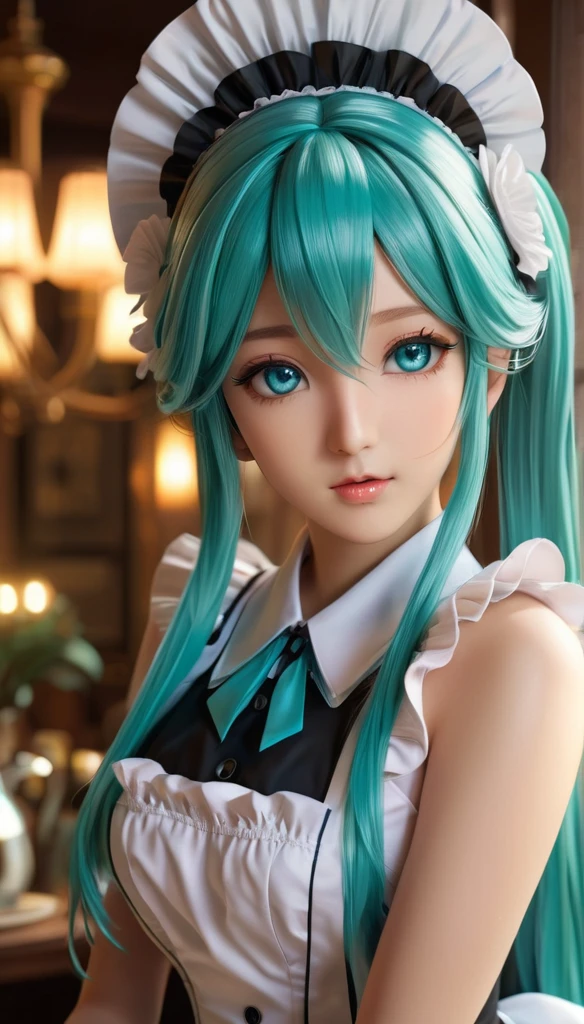 a maid wearing a large maid dress, intoxicated eyes, Hatsune miku, detailed portrait, 8k, photorealistic, intricate details, beautiful detailed eyes, beautiful detailed lips, extremely detailed face, long eyelashes, dynamic lighting, cinematic lighting, warm color tones, glowing skin, detailed fabric textures, flowing hair, elegant pose, fantasy, digital art, concept art, highly detailed
