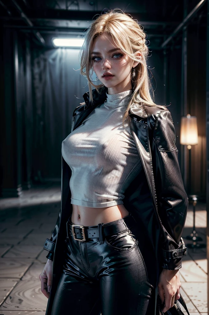 cowboy shot,a pretty 2 girl,blond hair,blue eyes,lora_Emma,slim athletic body,tight and stretched white blouse with buttons,button gap,short sleeves,ultra low rise black shiny latex pants,(double metal belt),empty studiobackground,((black coat on shoulders)),(best quality,4k,8k,highres,masterpiece:1.2),ultra-detailed,(realistic,photorealistic,photo-realistic:1.37),dramatic lighting,cinematic,fashion photography,studio lighting,high contrast,vivid colors,beautiful detailed eyes,beautiful detailed lips,extremely detailed eyes and face,long eyelashes, touching hair
