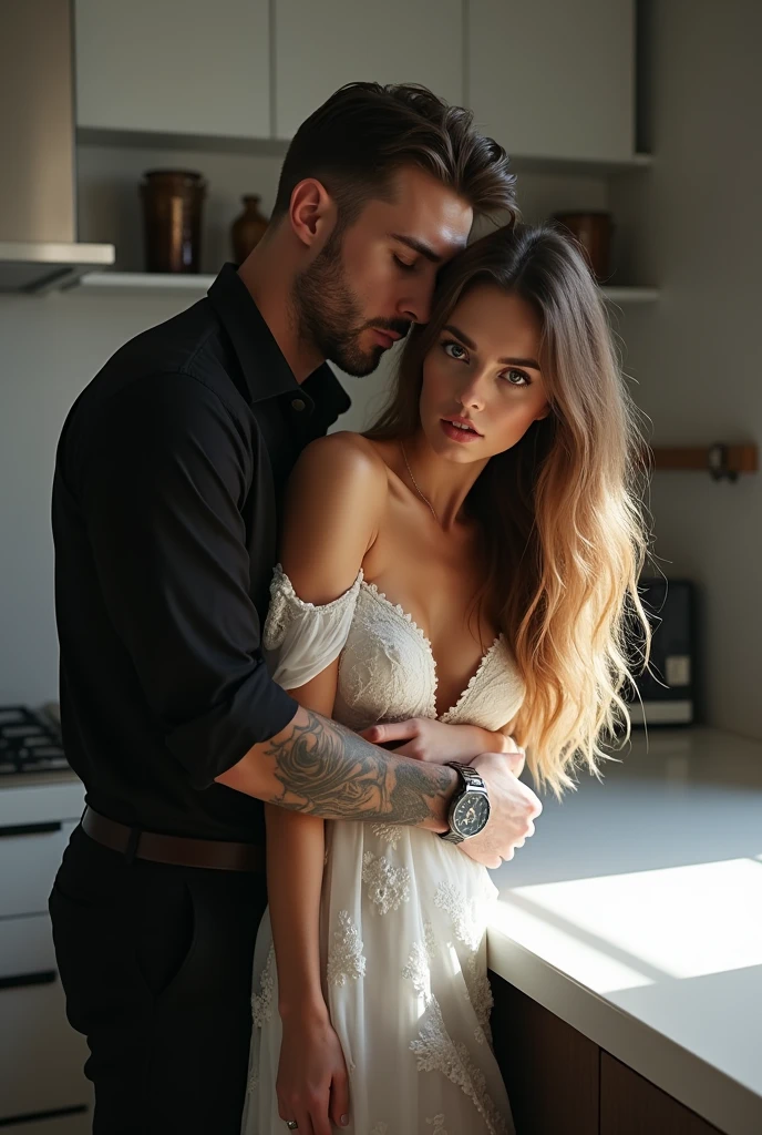 create dynamic pose and distant angle images, uma mulher jovem 20 year, Kennedy Walsh, Caucasian skin, freckles, 精致的面容, greyish blue eyes, very long brown silky hair with curtain style bangs, wearing an ornate white dress, fallen on the shoulders, long puff sleeves. She is leaning forward over a huge white countertop in the middle of a modern kitchen., behind her is a man, Can Yaman, 20 year, long brown hair with bun, strong square chin, defined chin, thin thin mustache , strong muscular physique, he's rubbing it, pulling her waist, placing her ass on his penis, holding her waist, wearing a black dress shirt, black dress pants with belt, tattooed arm and hand, expensive watch on wrist.