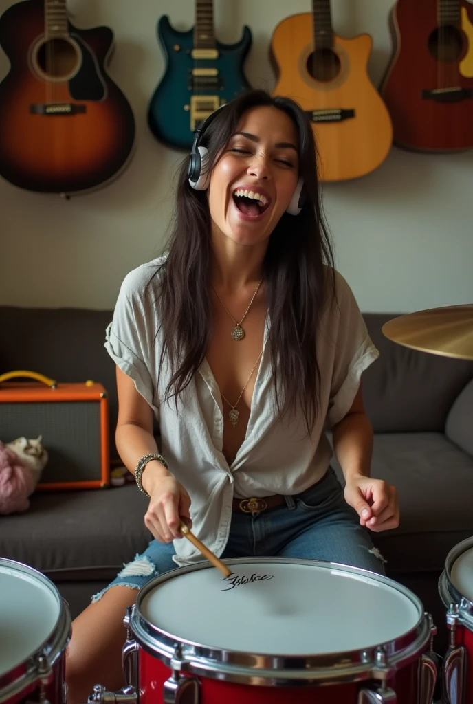 Beautiful mature woman playing the drums、A very beautiful and glamorous 30 year old white woman、In the living room of an old apartment in the city, she is laughing with her mouth open while playing the drums with headphones on.、Large wrinkledTWearing his shirt loosely hanging out、She is wearing hot pants made of cut-off distressed jeans and is barefoot.、There are some guitars hanging on the wall.、ソファーにはCatが寝ている、Persian carpets、The sight of her shaking her long hair and hitting the ball、Orange guitar amplifier、Very glamorous figure、Very large, pendulous breasts、a perfect glamorous mature woman's proportions、Private photos taken by a professional photographer at amazing angles、Opposite the old apartment、A rack full of LP records、record player、A half-empty Starbucks container、Very thin and small necklace and bracelet、A very beautiful and glamorous 30 year old white woman、Cat、she has a dark brunette One-length Perfectly straight very long hair,Super Beauty、