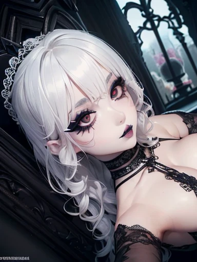 (1 girl 1.3) (extremely detailed 1.3) (anatomically correct, High precision, realistic skin) (RAW photo, Super detailed, advanced details, intricate details,), (Lighting: Face lighting, Ray tracing, reflective light, Structurally correct) ((Gothic house, candlelight 1.3)) (Subject: beautiful Asian woman with White hair in curls and coils) (wearing: white panties, topless, detailed neck wrists and fingers, ((beautiful big eyes looking up at the viewer, black shiny lipstick, perfect Asian goth cyber makeup)) thigh up shot, full body shot