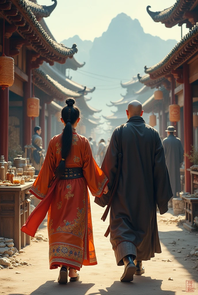 In ancient China during the Tang Dynasty, a woman wearing ethnic clothing walked behind a man in monk robes, covering his entire body, into a border town where there were many ethnic minorities selling their products.
