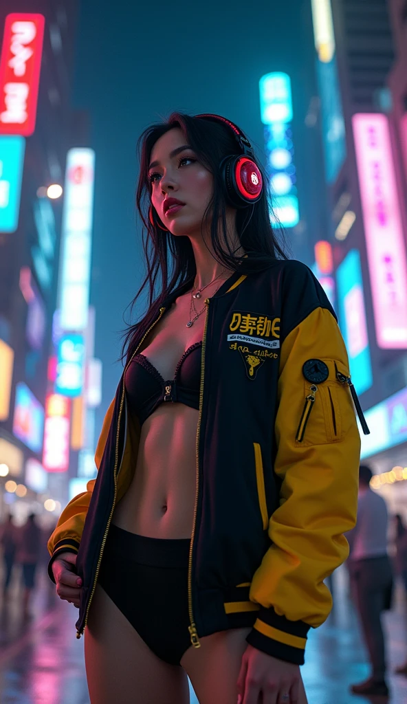 (masterpiece, Highest quality, Highest quality, Very detailed, Most detailed, Official Art, Structure of the film, beautifully、aesthetic:1.2), colorful, (Detailed drawn eyes:1.1), Beautiful Face, Perfect body, One person, alone, City of night, City, Ratan, street, black | Yellow bomber jacket, (Neon Light:1.1), Small breasts, software, performer, (headphone:1.1), (cyber punk:1.1), (sf:1.1), (look up:1.2), (public:1.2)