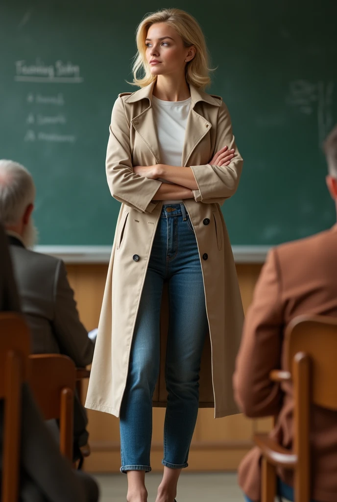  teacher woman, blond thin hair up to her shoulder in beige Trenchcoat Jeans and high heels