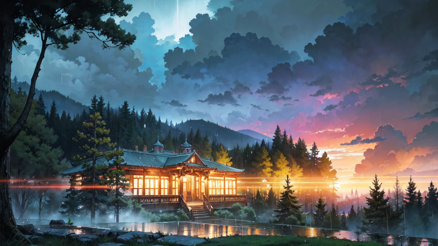 Colorful and bright picture. Fantastic composition with a forest in the foreground and a library in the background. Nostalgic. Makoto Shinkai. A splendid Western-style library beyond the forest. Beautiful composition. Night, heavy rain. A Western-style castle-like library beyond the forest. Vivid. Rainy sky. Heavy rain. Fantastic forest.