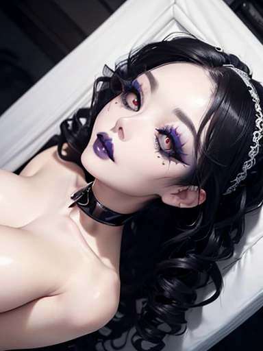 (1 girl 1.3) (extremely detailed 1.3) (anatomically correct, High precision, realistic skin) (RAW photo, Super detailed, advanced details, intricate details,), (Lighting: Face lighting, Ray tracing, reflective light, Structurally correct) ((Gothic house, candlelight 1.3)) (Subject: beautiful Asian woman with White hair in curls and coils) (wearing: white panties, topless, detailed neck wrists and fingers, ((beautiful big eyes looking up at the viewer, black shiny lipstick, perfect Asian goth cyber makeup)) thigh up shot, full body shot