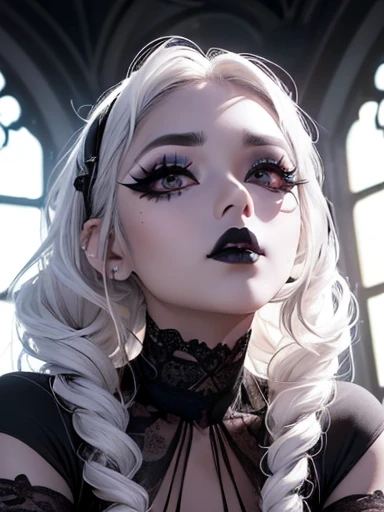 (1 girl 1.3) (extremely detailed 1.3) (anatomically correct, High precision, realistic skin) (RAW photo, Super detailed, advanced details, intricate details,), (Lighting: Face lighting, Ray tracing, reflective light, Structurally correct) ((Gothic house, candlelight 1.3)) (Subject: beautiful Asian woman with White hair in curls and coils) (wearing: white panties, topless, detailed neck wrists and fingers, ((beautiful big eyes looking up at the viewer, black shiny lipstick, perfect Asian goth cyber makeup)) thigh up shot, full body shot