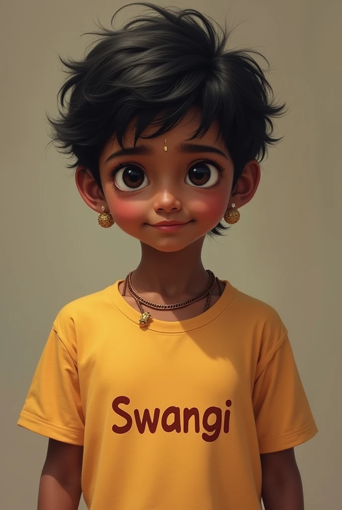 Little Krishna with girl swangi name printed on his t shirt ( boy facing the camera)
