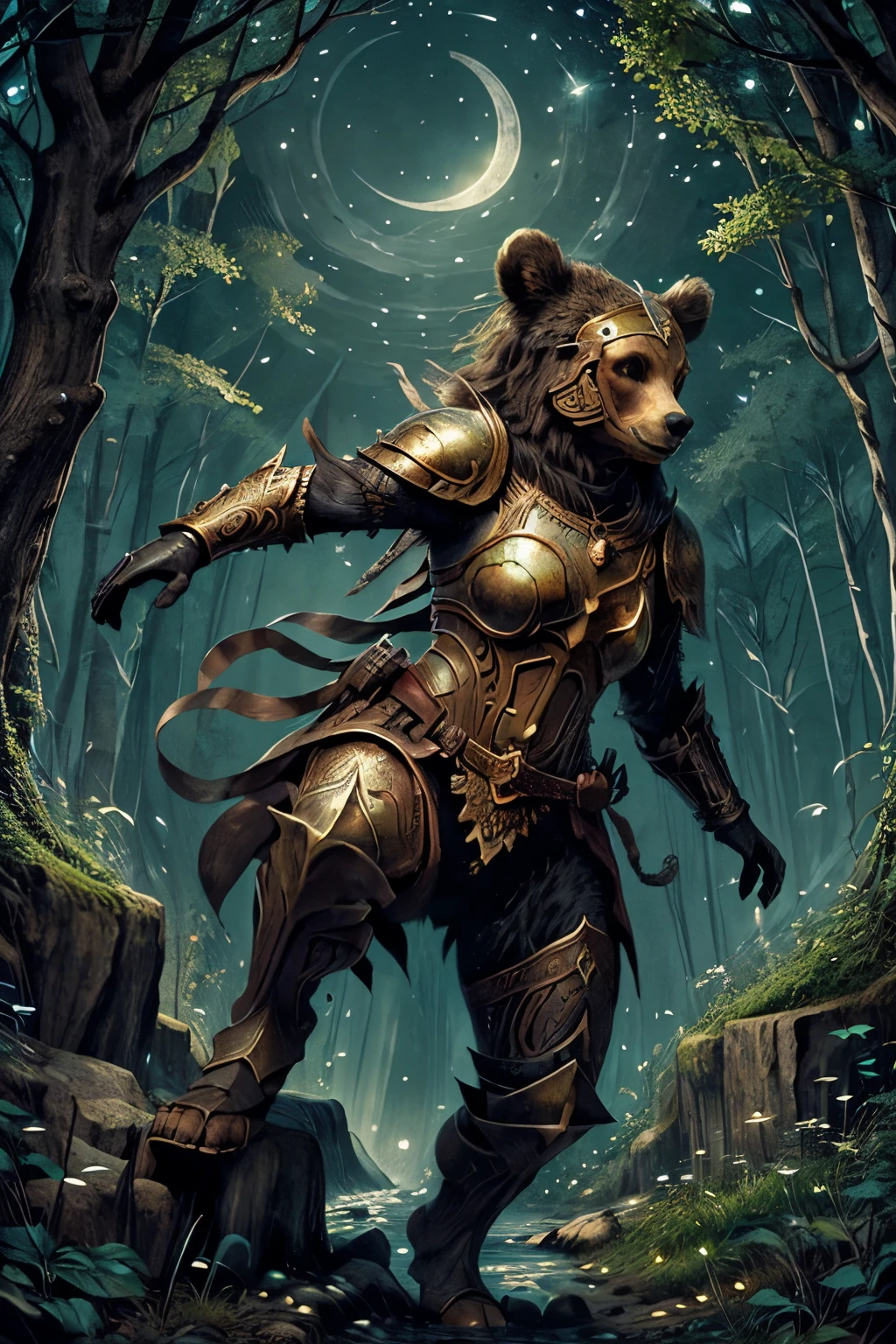 (Ultra-detailed face, looking away, Fantasy Illustration with Gothic, Ukiyo-e, Comic Art, Rich colors), 
BREAK 
(A female dark elf druid uses her wild shape ability to transform herself into a large brown brown bear, sprinting on four legs through the woods and leaping over streams in daring poses. Several trails of light streak across the air as the air flows around the brown bear.), 
BREAK 
(It is midnight, the moon and stars shining blue and white, and the area is deep in the green mountains, overgrown with trees and tangled with ivy. The underbrush is thick and wild strawberries are growing.), 
BREAK 
(A brown bear wears a mithril helmet and a red, shiny, jeweled breastplate. The helmet and breastplate are decorated with green glowing relief in a spiral pattern.)