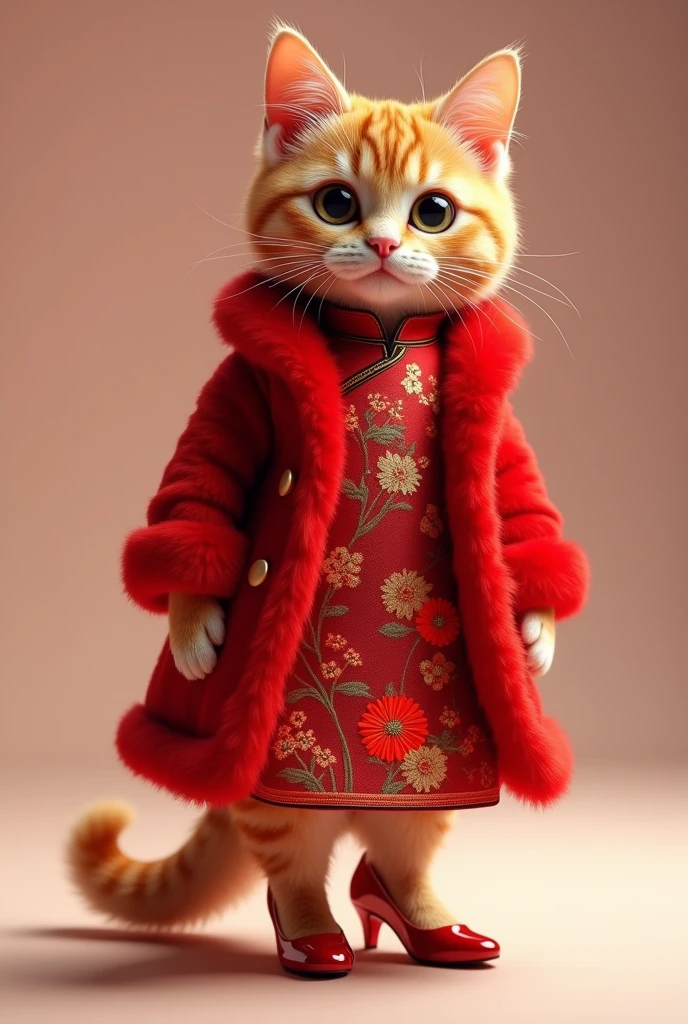 (photorealism:1.2), cute ginger cat, red embroidery qipao, red furry coat, red shiny heels
