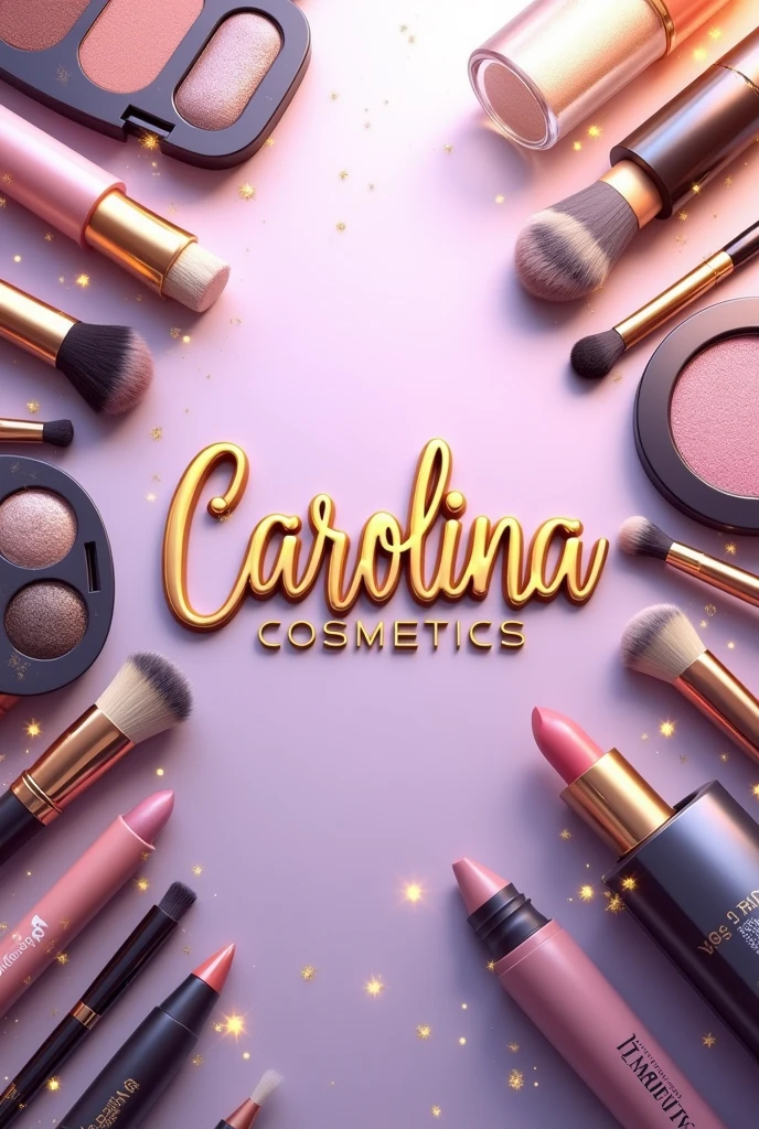 make a background image in the makeup segment of various types of makeup and cosmetics utensils with the name in the center of the image, with the name Store Carolina Cosmetics in realistic gold , the background is in lilac with a gradient with gold effects