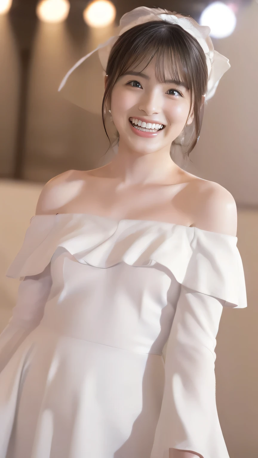 (8k、RAW Photos、Highest quality、masterpiece:1.2)、(Realistic、Realistic)、1 person、((White off-the-shoulder dress、on stage、Get noticed、View from the front、smile、Looking into the camera 、smile、happy、fun、Upper body photo:1.5))、Leaning forward、cute、Small breasts、(((Sing with a microphone)))