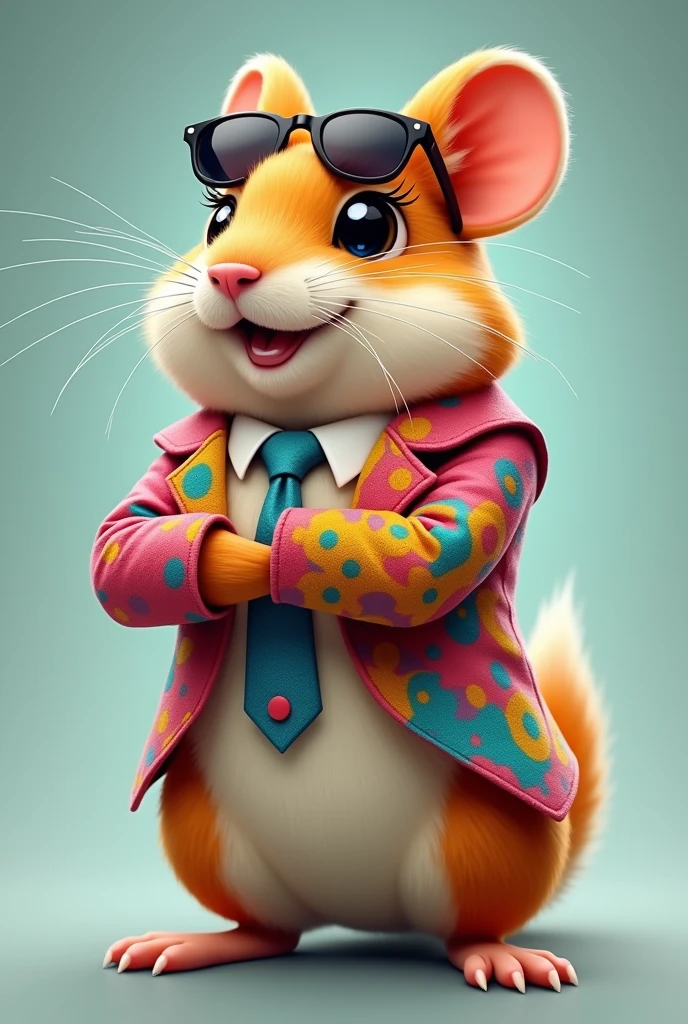 Beautiful picture shows a hamster wearing a many colours suit, tie, and sunglasses, standing with crossed arms. It's likely a character from the Telegram game "Hamster Kombat", where players help a hamster CEO manage a virtual crypto exchange.