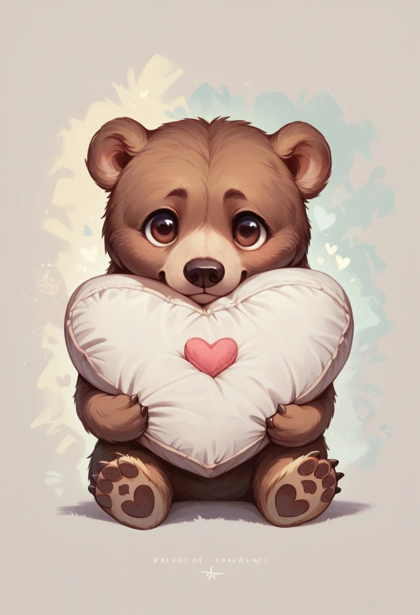 brown bear, cute, hugging heart-shaped pillow, detailed, minimalist, abstract, pop art, illustration, simple background, best quality, high resolution