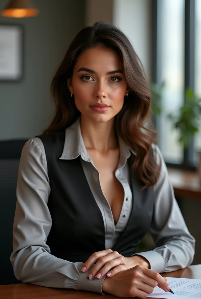 beautiful American  girl Spanish heritage , with big breasts , brown  eyes and brown hair, sitting at her office desk ,  in a short tight business dress, and a tight business shirt ,  and, photo from front , showing her body , ultra High resolution, (fotorrealista: 1.4), High resolution , (finely detailed skin), (brown  eyes), (perfect proportions) (Realistic photos) (masterpiece) (fotorrealista), ultrarealistic (Best Quality) (detailed) photographed with a Canon EOS R5, 50mm lens, f/2.8, (8k) (Wallpaper) (cinematic lighting) (dramatic lighting) (complex) fashion