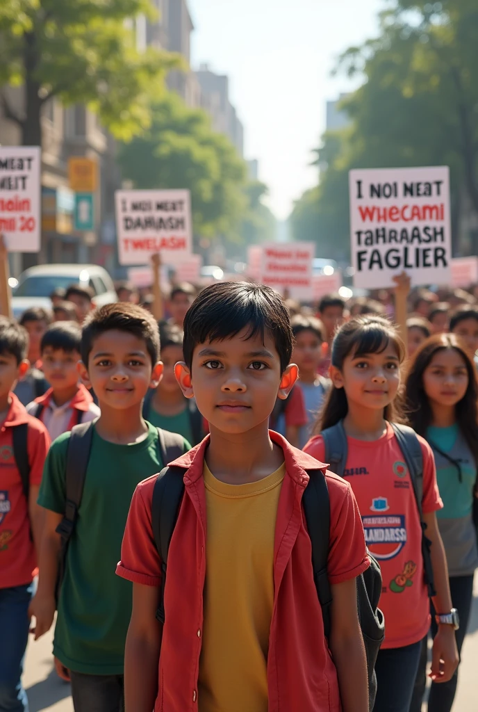 Some Bangladeshi young students boys and young girls stood with banners on the street and their banners read