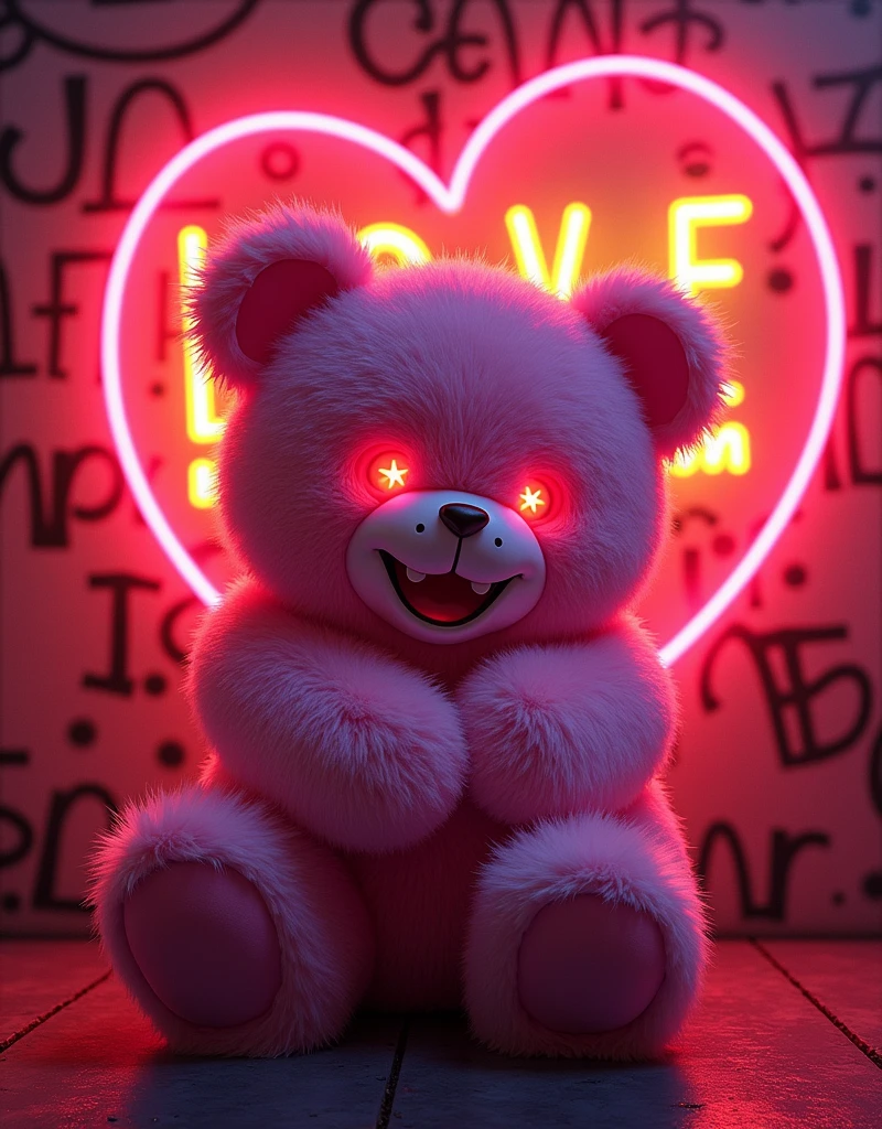 photo of a toy full body pink fur bear hug neon glow with two eyes in a style in mood and happy  smiling with teeth smile wearing a black VR red hair and a slash yellow glow on the bear, background with red heart neon glow inside of the heart is the love word, 90's fashion font graffiti words hug BEAR style