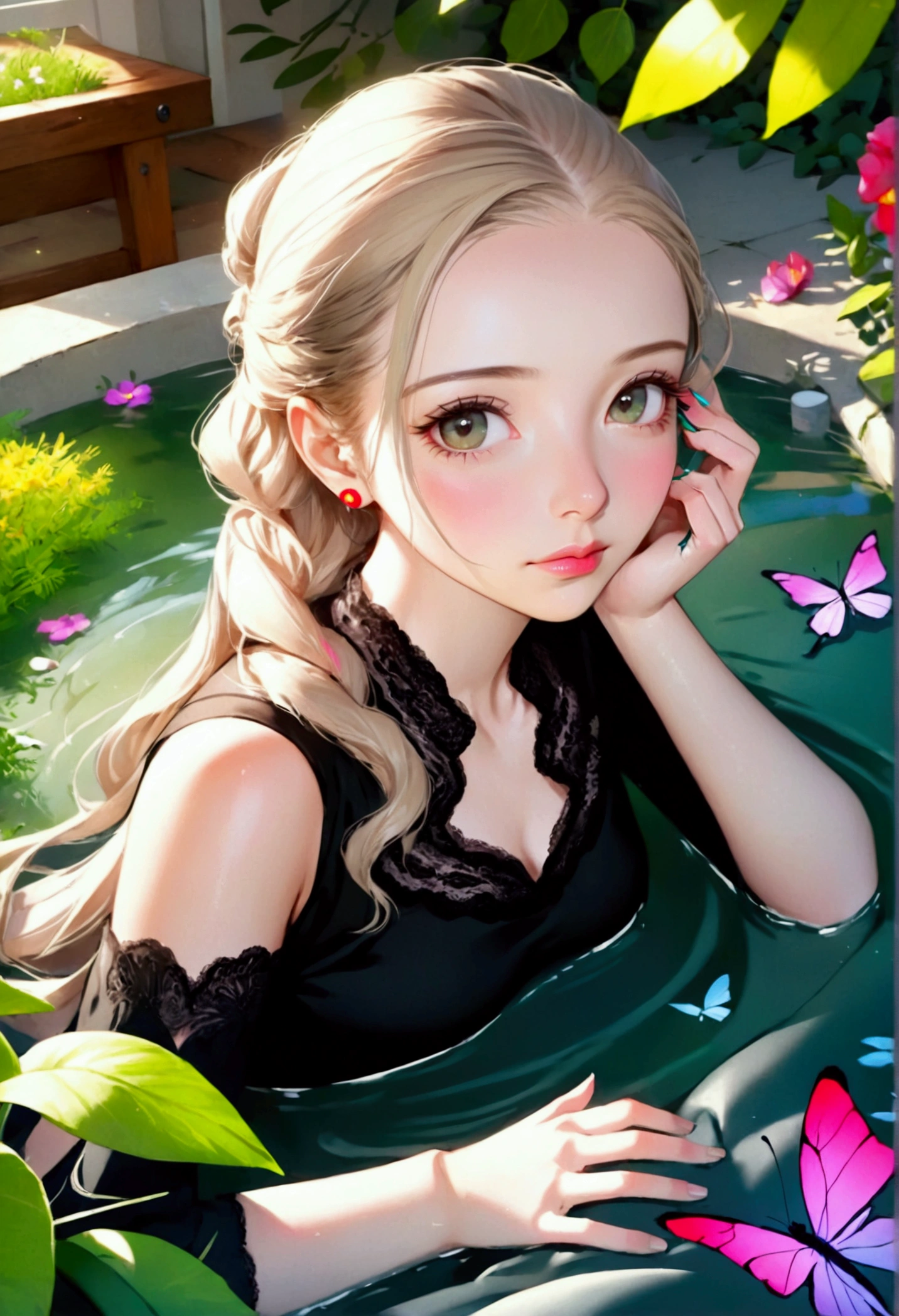 a beautiful detailed girl in a garden, hyper-realistic, digital art, photographic, 8k, high quality, vibrant colors, natural lighting, detailed realistic face, long eyelashes, intricate hair, detailed hands, lush greenery, flowers, butterflies, serene pond, reflections, cinematic composition, dramatic lighting, warm color palette