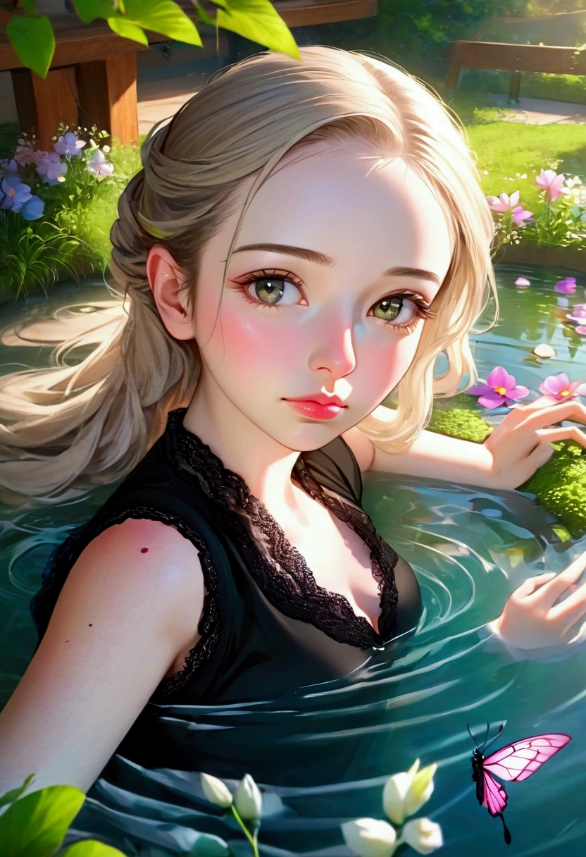 a beautiful detailed girl in a garden, hyper-realistic, digital art, photographic, 8k, high quality, vibrant colors, natural lighting, detailed realistic face, long eyelashes, intricate hair, detailed hands, lush greenery, flowers, butterflies, serene pond, reflections, cinematic composition, dramatic lighting, warm color palette