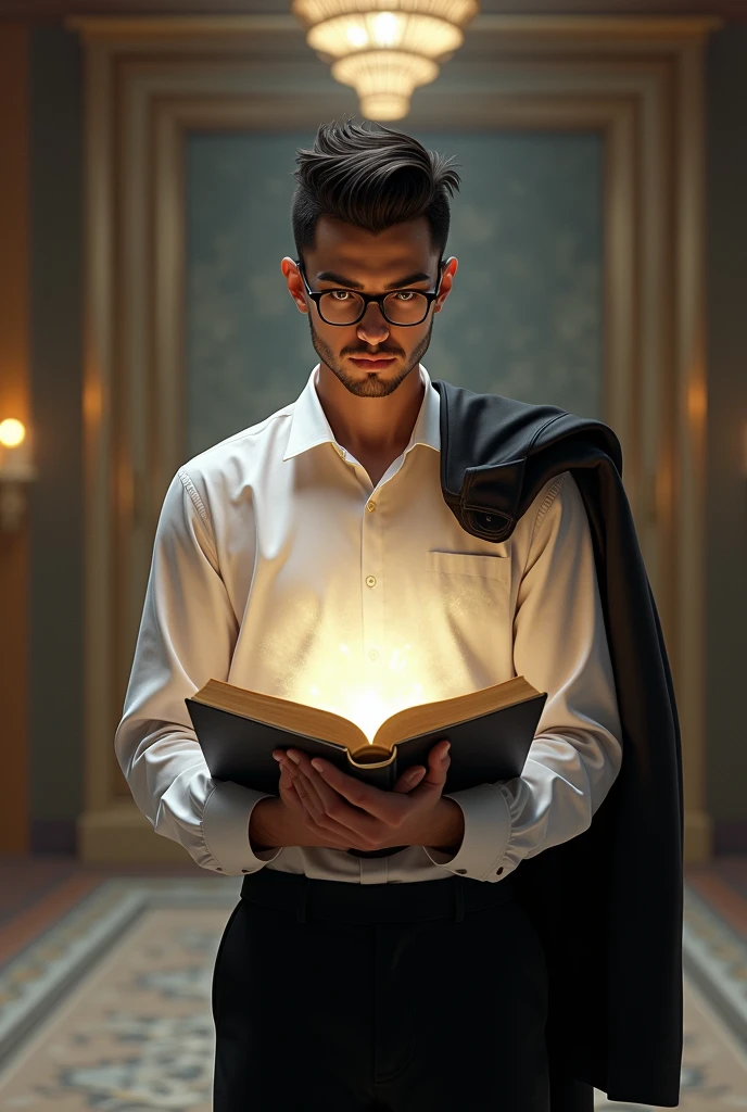 A young man with dark hair, black hair, a pompadour hairstyle with hair slightly shorter than average, wearing a suit, no beard or mustache, his personality is a mixture of INTJ and INFJ types, wearing glasses, his head is elongated, and from below he has an angular jaw, his height is 170 cm, his weight is 52 kg, wearing a white shirt and black pants, and he puts a black suit on his shoulder, he has Arab-African features, and he does not have a beard, he is 20 years old, standing in the middle of an upscale hall, holding an open book, and from the book dust comes out drawing a word (Buraj Kharam)