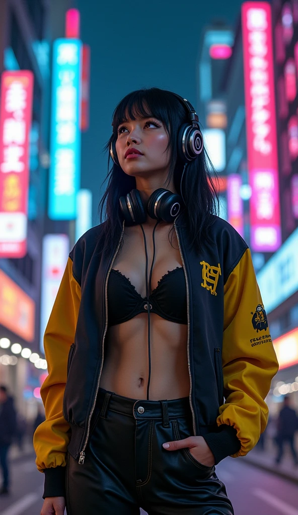 (masterpiece, Highest quality, Highest quality, Very detailed, Most detailed, Official Art, Structure of the film, beautifully、aesthetic:1.2), colorful, (Detailed drawn eyes:1.1), Beautiful Face, Perfect body, One person, alone, City of night, City, Ratan, street, black | Yellow bomber jacket, (Neon Light:1.1), Small breasts, software, performer, (headphone:1.1), (cyber punk:1.1), (sf:1.1), (look up:1.2), (public:1.2)