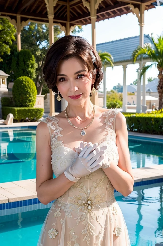 ((Masterpiece)), ((Best Quality)), A middle-aged short-hair woman, ((She is wearing an ornamental wedding dress)), She is wearing gloves on her hands., outdoor, She is at a pool side. She is wearing a big necklace,