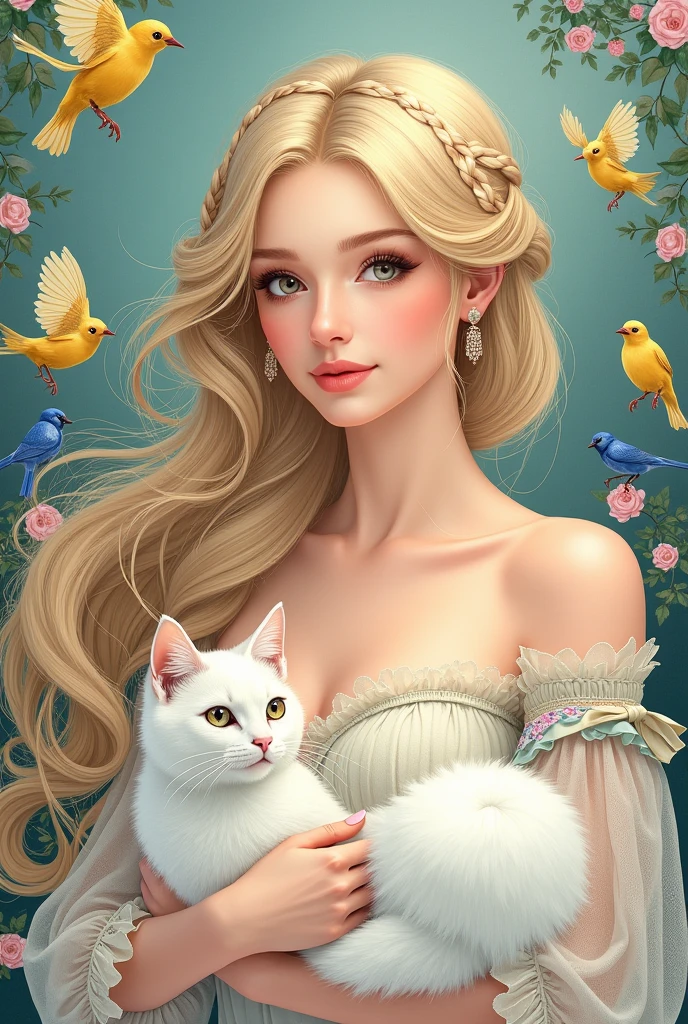 illustration, elegant 28 yo lady woven with long blonde hair made with the finest ribbons of mixed pastel colors, mingled with a beautiful all white fluffy long-haired cat, yellow canaries and bluebirds flying around, fractal, stylized, exotic