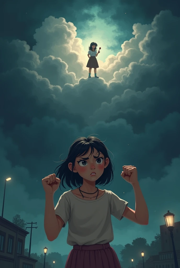 A fully stressed and tensed girl preparing for exam.... with dark theme and show that she is imagining about the happy stages and speech competition inside clouds