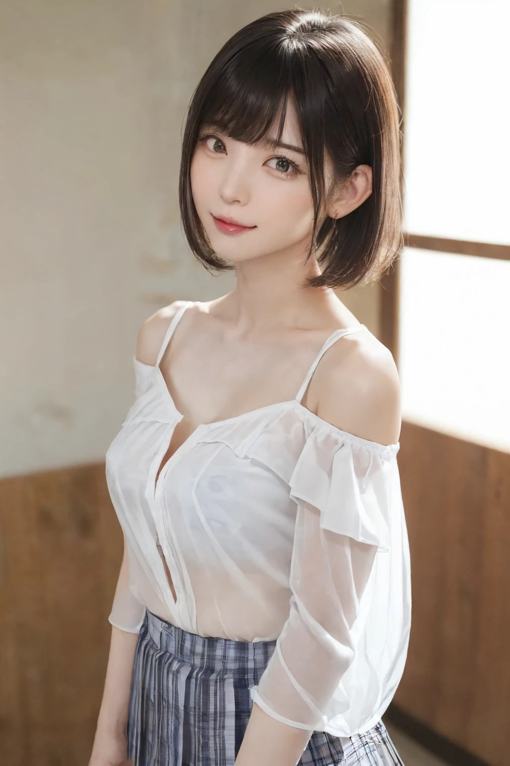 (From the back:1.4、Tabletop:1.4、Highest quality:1.4、Best image quality:1.4、かわいいbeautiful大人の女性, beautiful symmetrical face、Adult smile:1.4、beautiful Teeth、Lip gloss、Short Brunette Bob、Shiny shiny hair、Has shiny bangs:1.4、bangs:1.4、length, shiny shorthair、length neck:1.4、Show me your ears、Tall Supermodels、Broad shouldered supermodel、{Huge|big|Huge|Mega} chest:2, 非常に大きなchest、beautiful chest have cleavage:2)、(とてもbeautiful背中、beautiful, Glowing Skin、Cute school girl、Off-the-shoulder white see-through shirt、Checkered sheer loop pleated short skirt、2)、Very cute and attractive woman、とてもbeautiful背中、Perfect Anatomy