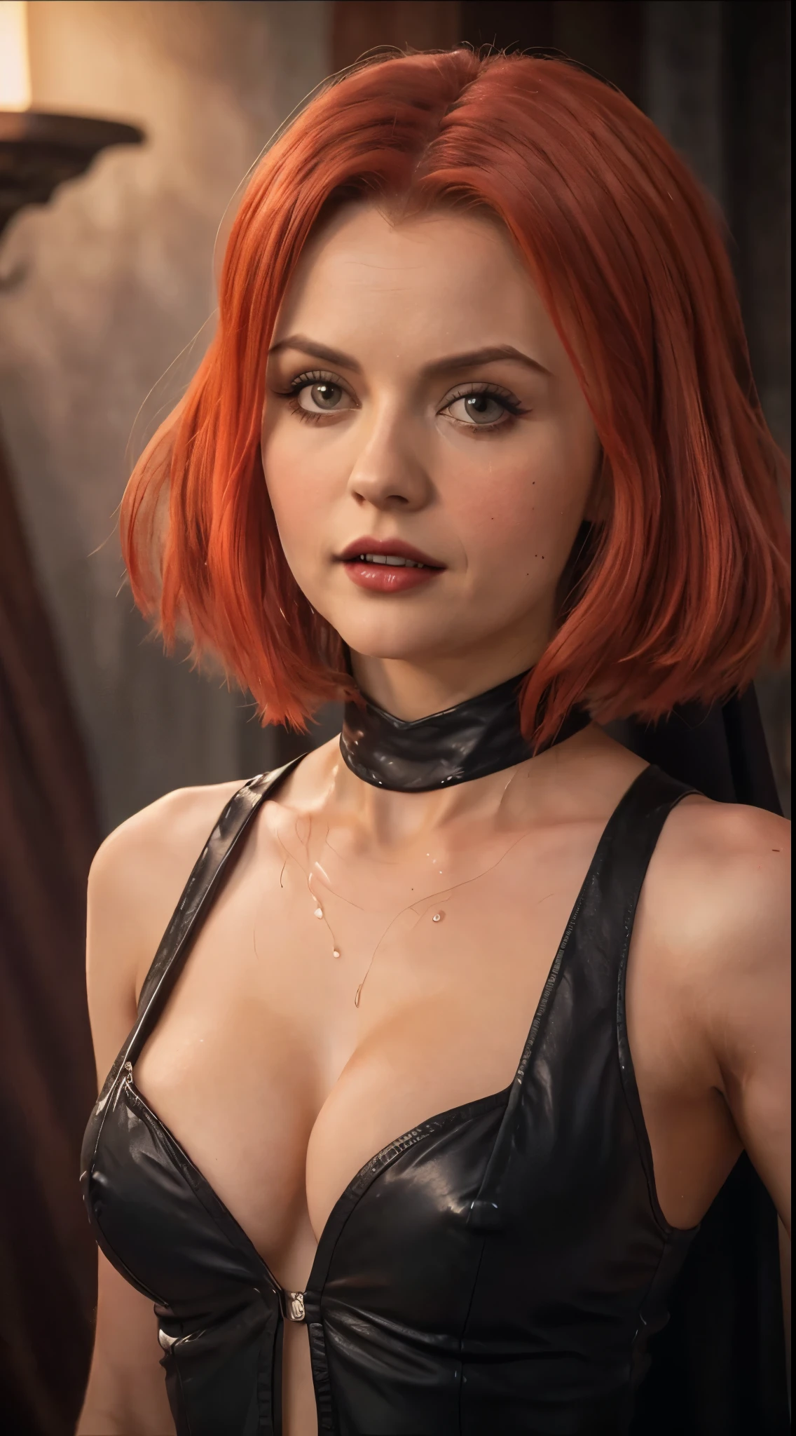 Masterpiece, Best Quality, Photorealistic, Rayne, Black Dress, vampire fangs, hair ribbons, Average Breasts,, dripping from the mouth,Bloodrayne, Danaerys Targaryen, Jenna Coleman, cleavage