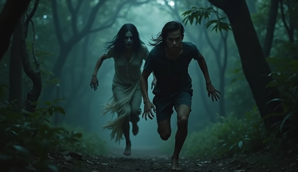 wide lens low angle shot, in the very dark forest, moon light. low light pitch black. a young malay man running in fear and terrified. He been chased by flying creepy looking woman, eerie, long black hair. pale face, zombie face, wearing white slubby dirty torn cloth. cinematic shots. horror film still. masterpiece, hyper realistic.