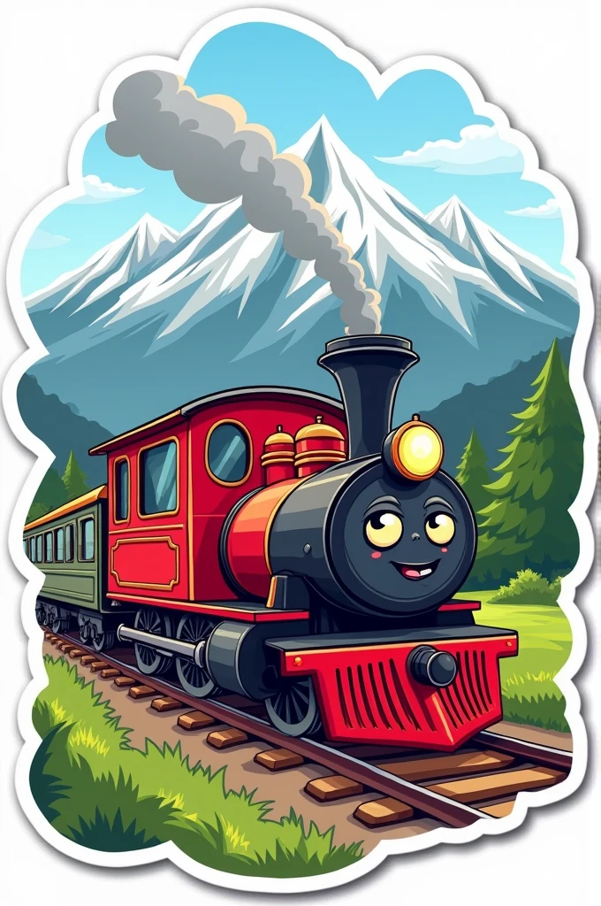 Sticker of a lateral view of a cartoon train in red and black, with a green Andean landscape and mountains in the background. The sticker has a white background.
