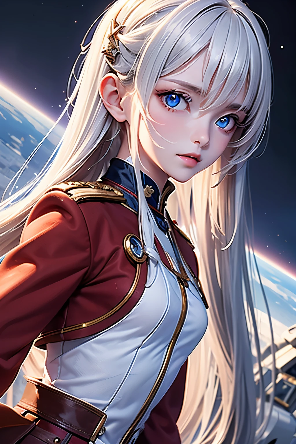 masterpiece,Highest quality,Very detailed,16 talented beautiful girls,Small breasts,White straight hair,Perfect Blue Eyes,very cute,Red military uniform,Sci-fi giant space city