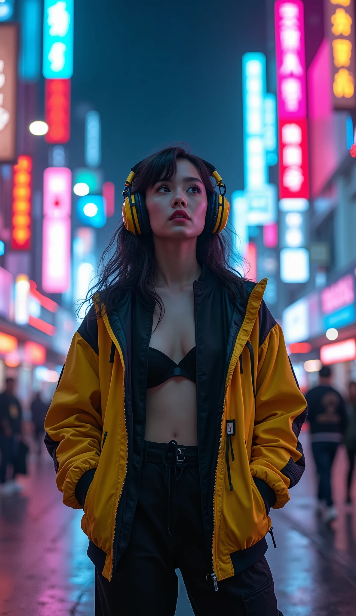 (masterpiece, Highest quality, Highest quality, Very detailed, Most detailed, Official Art, Structure of the film, beautifully、aesthetic:1.2), colorful, (Detailed drawn eyes:1.1), Beautiful Face, Perfect body, One person, alone, City of night, City, Ratan, street, black | Yellow bomber jacket, (Neon Light:1.1), Small breasts, software, performer, (headphone:1.1), (cyber punk:1.1), (sf:1.1), (look up:1.2), (public:1.2)