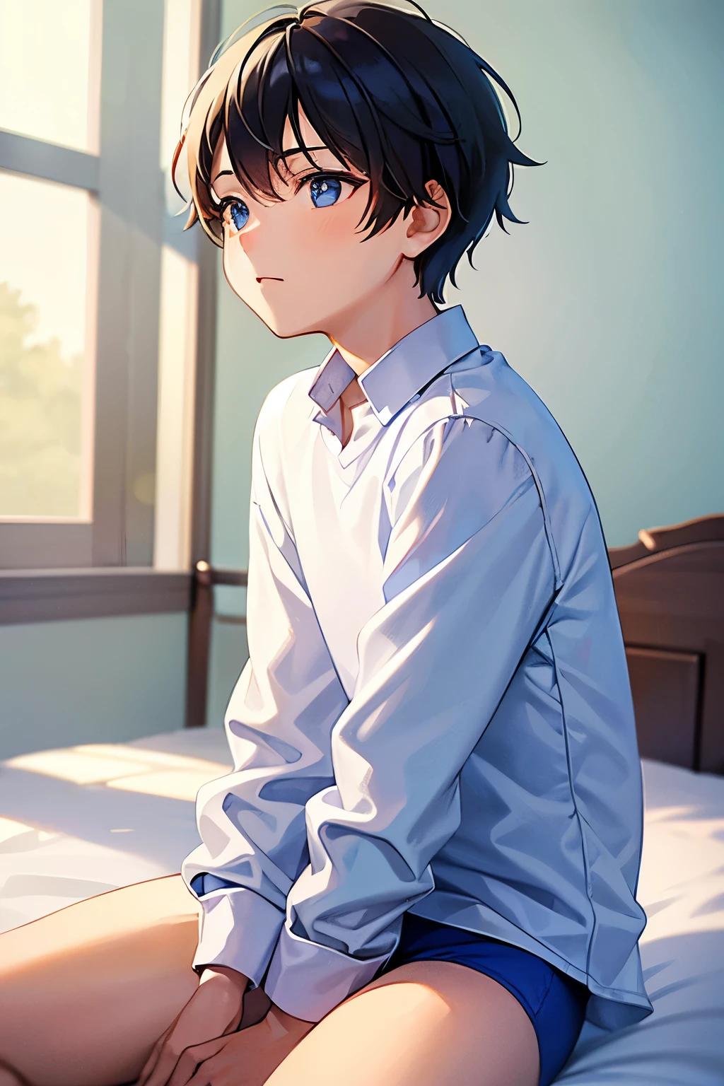 a boy sitting in a bedroom, wearing a white long sleeve shirt and blue underwear, viewed from the side,