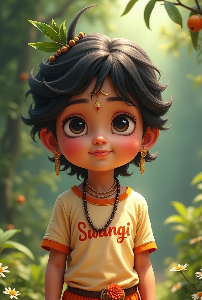 Little Krishna with a girl name swangi printed on his t shirt ( boy facing the camera)