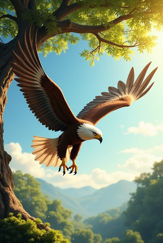 An eagle flying under a beautiful tree