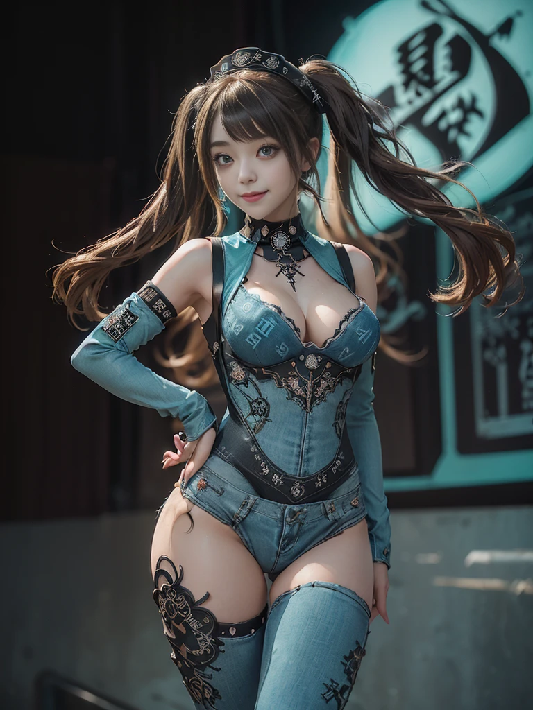 (Full Body View:1.2)、(Side view:1.1)、(Smiling with teeth showing:1.3),(Shibuya Gal:1.5)、(Goth Style Fashion:1.5)、(Maid cafe style:1.5)、(Wearing a rhythmic gymnastics bodysuit with intricate details:1.4)、(Racing suit and pants with intricate turquoise, denim and charcoal decorations:1.5)、(Denim and light blue and turquoise boots:1.3)、((Fluffy hat))、(Numerous delicate logo marks all over the costume:1.4)、(collar:1.3)、(Polka dot underwear:1.5)、20-year-old、NSFW、((Highest quality、In 8K、masterpiece:1.3))、Sharp focus:1.2、(Layered Cut、Huge boobs:1.1),Beautiful woman with perfect figure:1.4、(doing a gravure pose:1.3)、Slender Abs:1.2、Highly detailed face and skin texture、Detailed eyes、double eyelid,(Twin tails:1.3)、(Brown-golden hair:1.3)、Gravure idol、(The background is the stage of the fashion show:1.3)、(Slim Body:1.3),(Make your legs thinner:1.4),（clavicle:1.1）