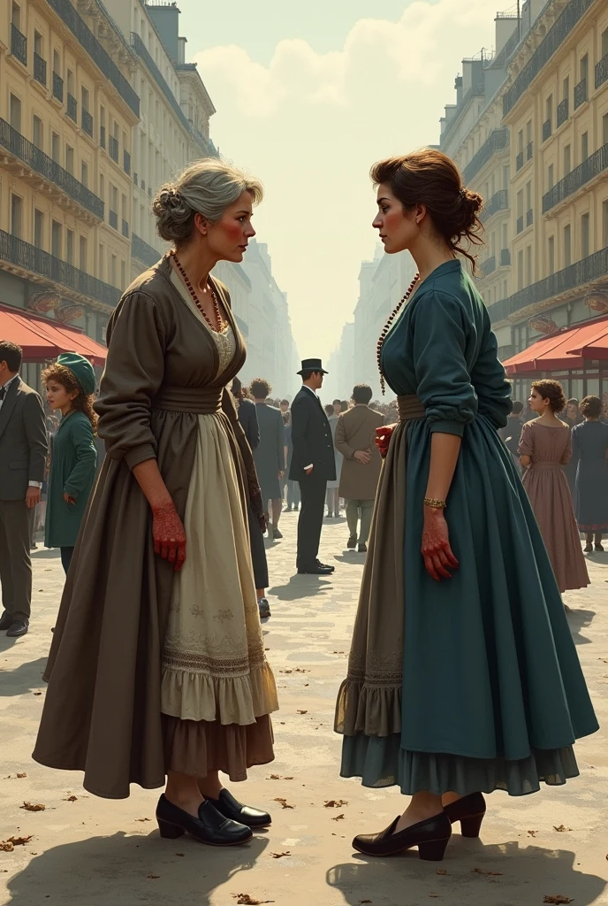 the necklace by guy de maupassant ending scene illustration , two girls are having an conversation in Champs Elysees, one women is Madame Loisel who looked old now. She had become the woman of impoverished households--strong and hard and rough. With frowsy hair, skirts askew and red hands and the other women is Madame Forestier, still young, still beautiful, still charming with a kid beside her