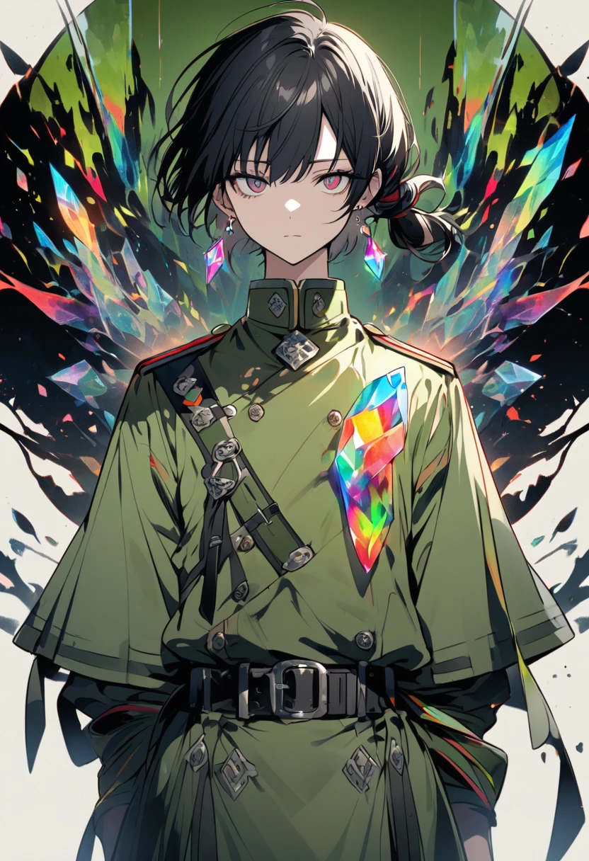 Green military uniform、Short Hair、Black Hair、Hair tied up at the bottom、Slit eyes、Cangyan、Wearing crystal earrings with different colors on each side、1 person、Expressionless、